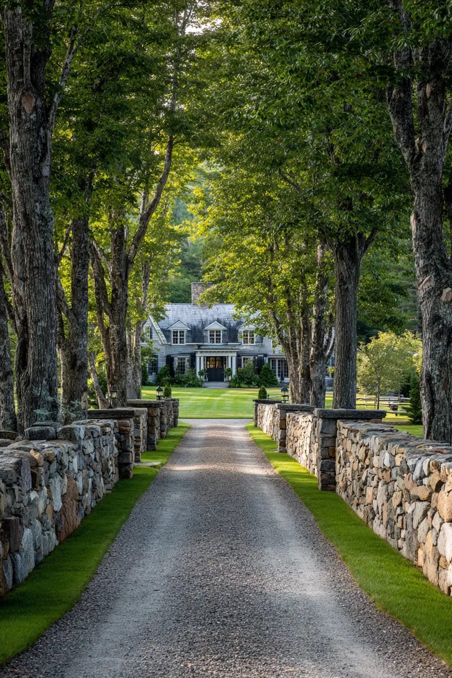 Stone-Lined Country Driveway with Grand Farmhouse View