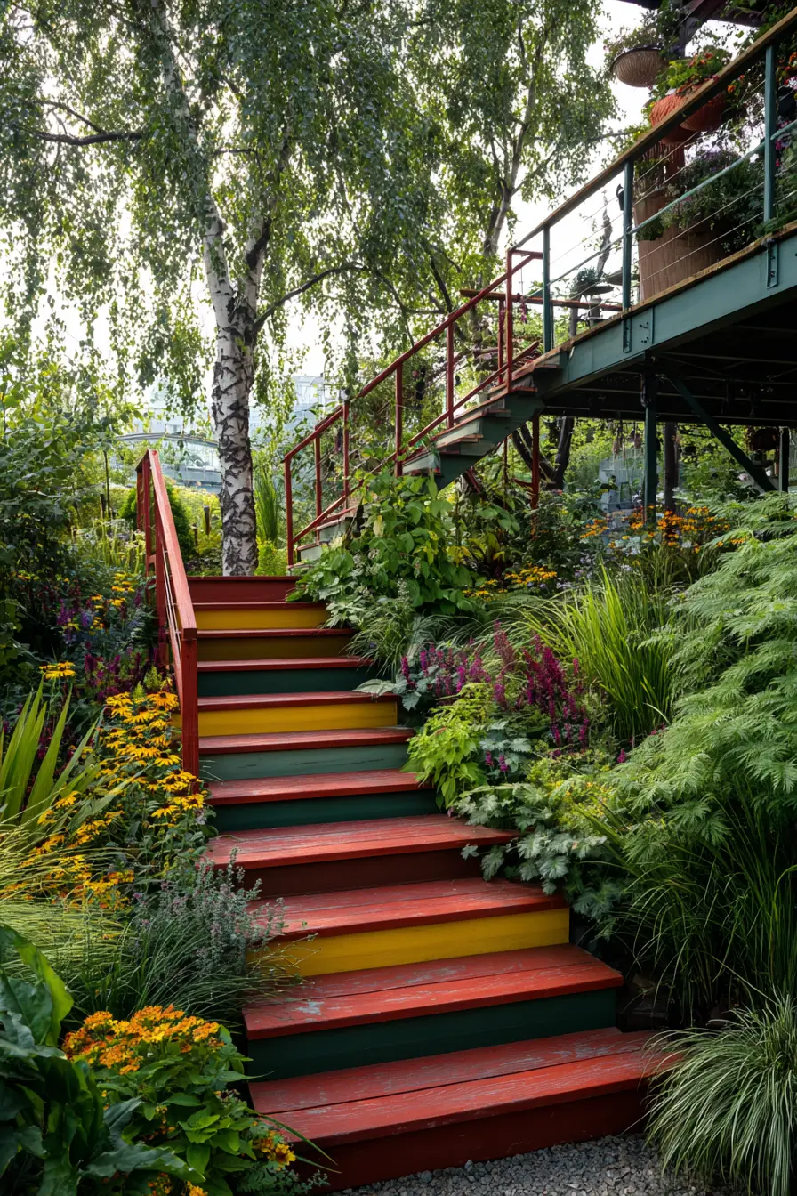 Brightly Painted Wooden Steps with Garden Flair
