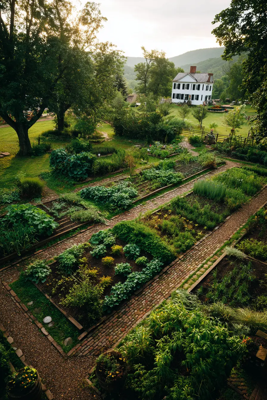 Brick Pathways Framing a Classic Vegetable Garden