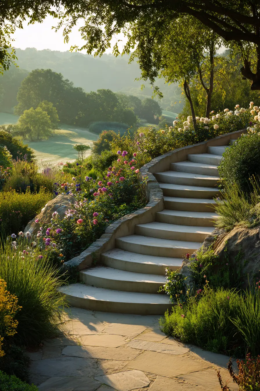 Curved Concrete Stairs Framed by Garden Blooms