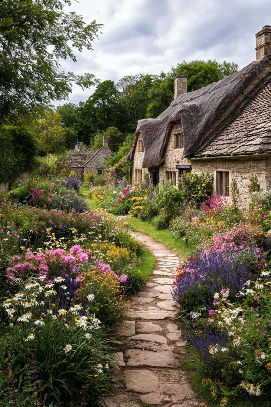 Rustic Stone Path Beside a Thatched Cottage