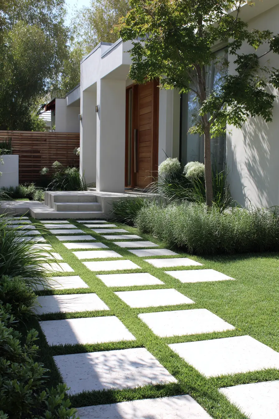 Sleek Front Yard with Grass and Paver Pathway