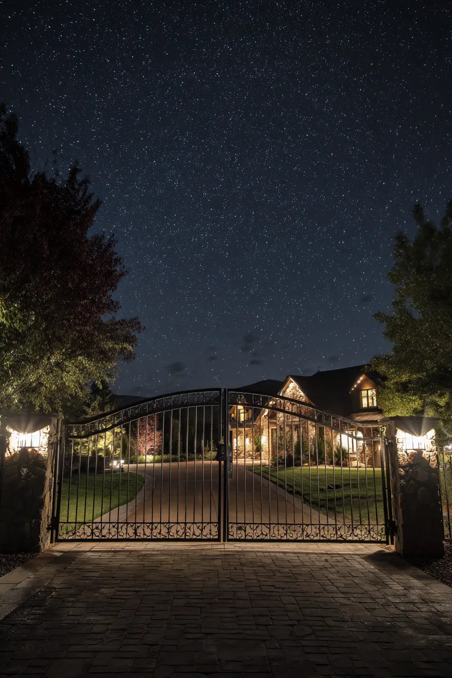 Illuminated Driveway Gate Under the Stars