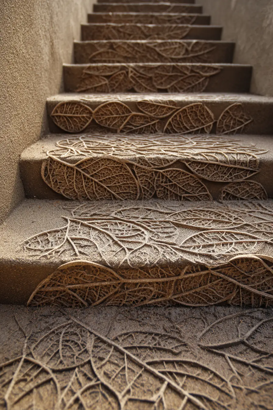 Artistic Leaf-Patterned Concrete Steps