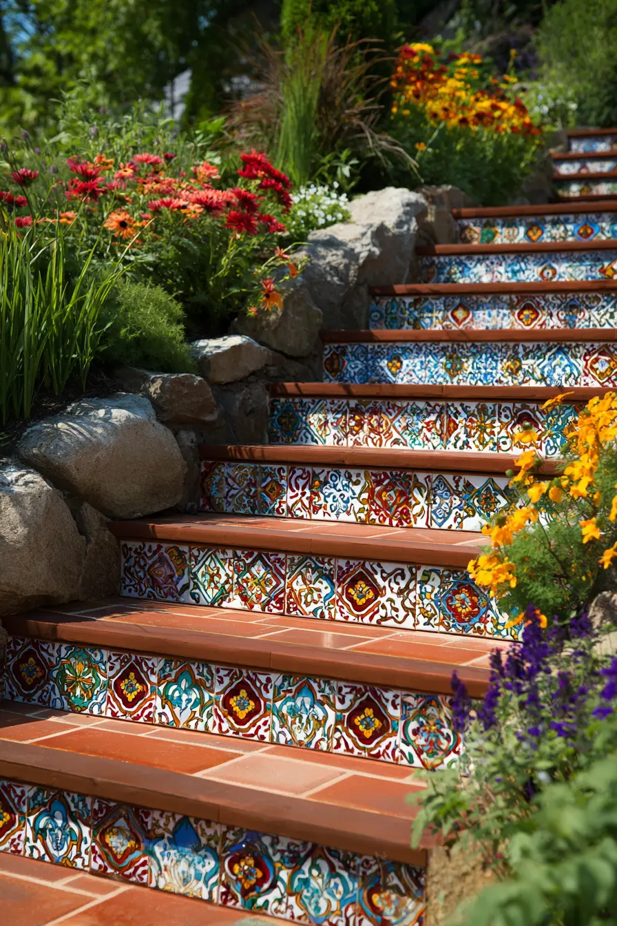 Colorful Tile Stair Risers with Mediterranean Flair