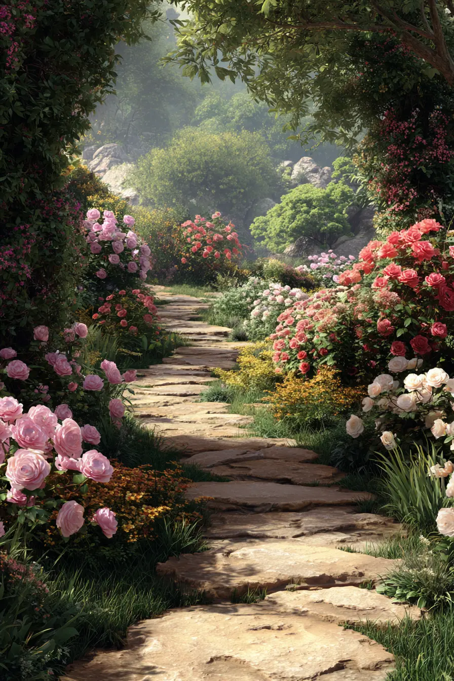 Romantic Stone Walkway Surrounded by Roses