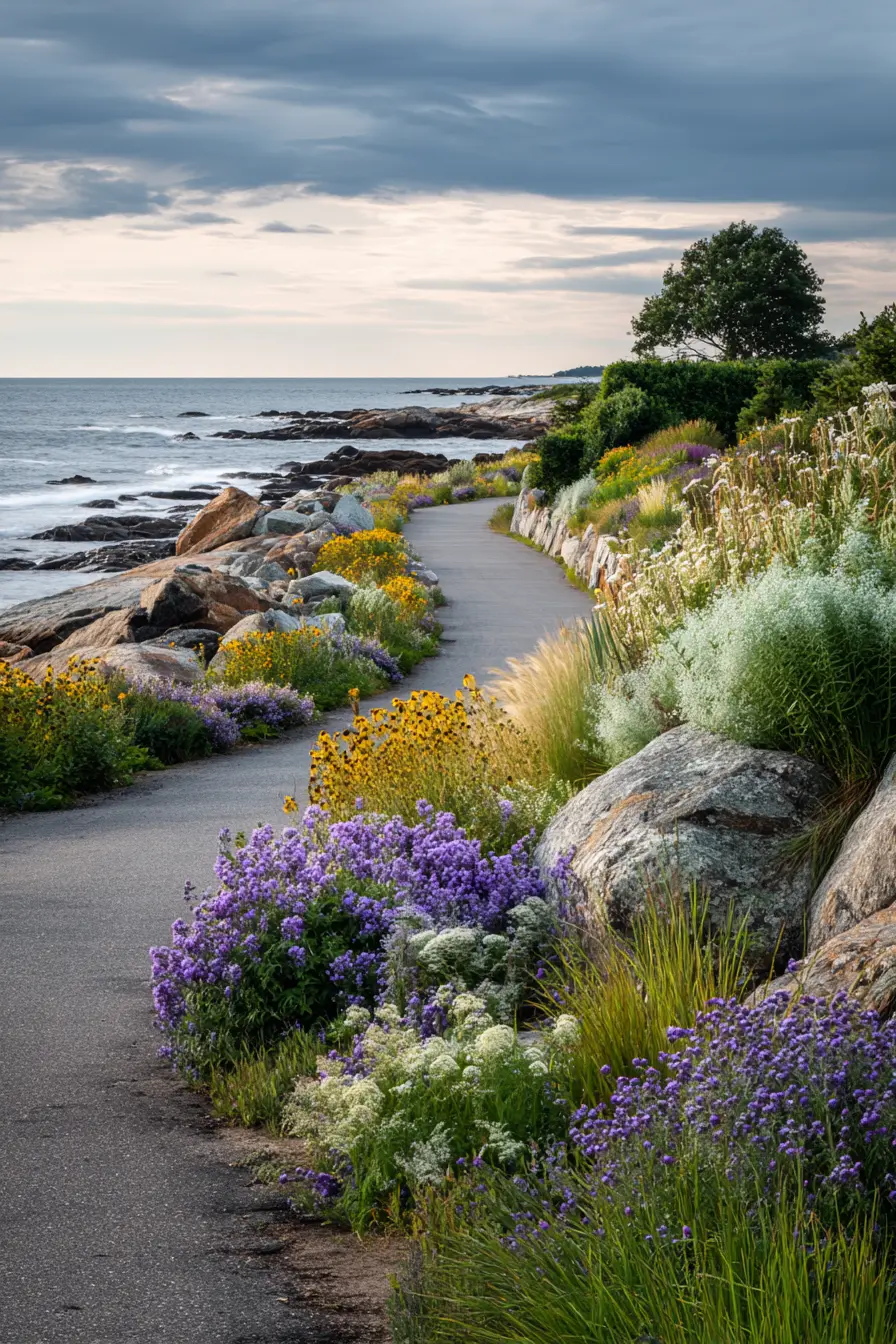 Coastal Driveway Border with River Rocks and Wildflowers
