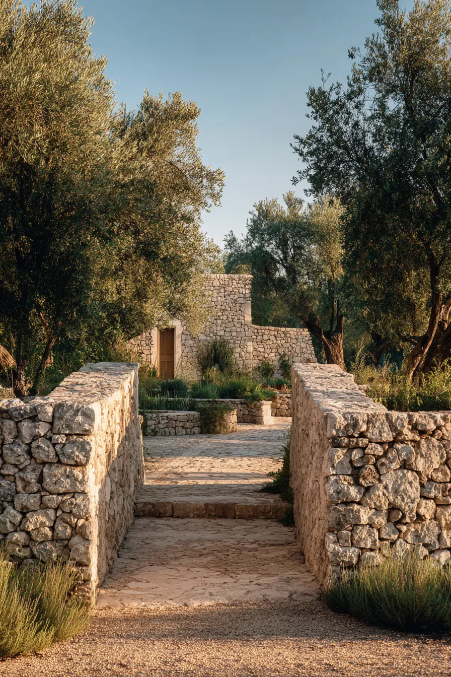 Ranch Driveway with Stone Walls and Mediterranean Charm