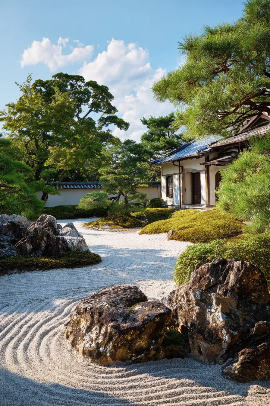 Zen Garden Rock Border with Raked Sand Design