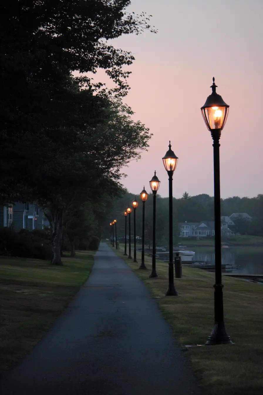 Lakeside Driveway Lamp Posts in a Row