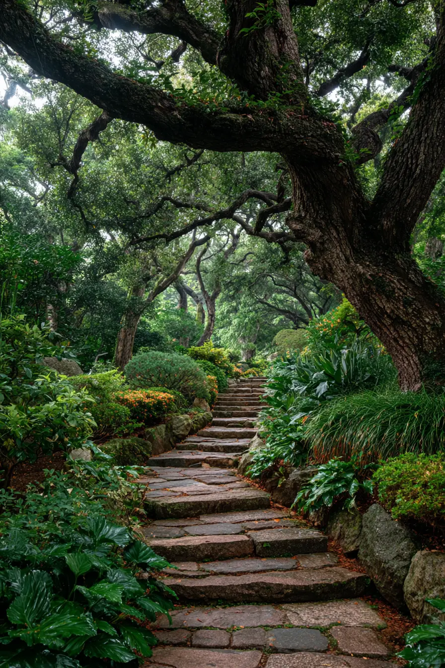 Garden Stone Steps Under Shaded Trees