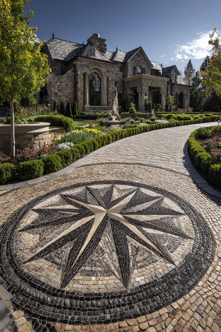 Grand Gravel Driveway with Mosaic Centerpiece