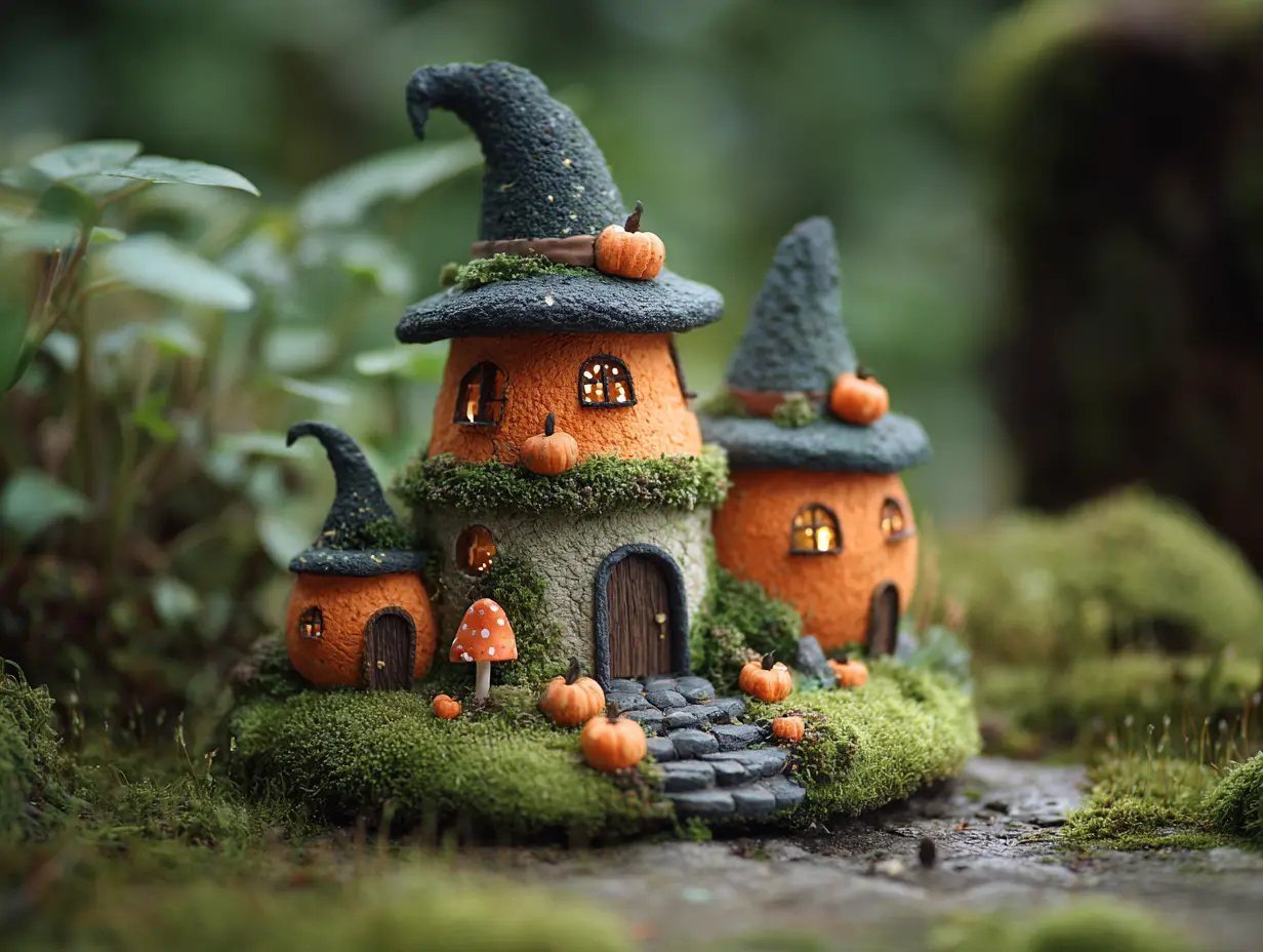 Decorate Fairy Homes With Miniature Pumpkins and Witch Hats for a Halloween Feel