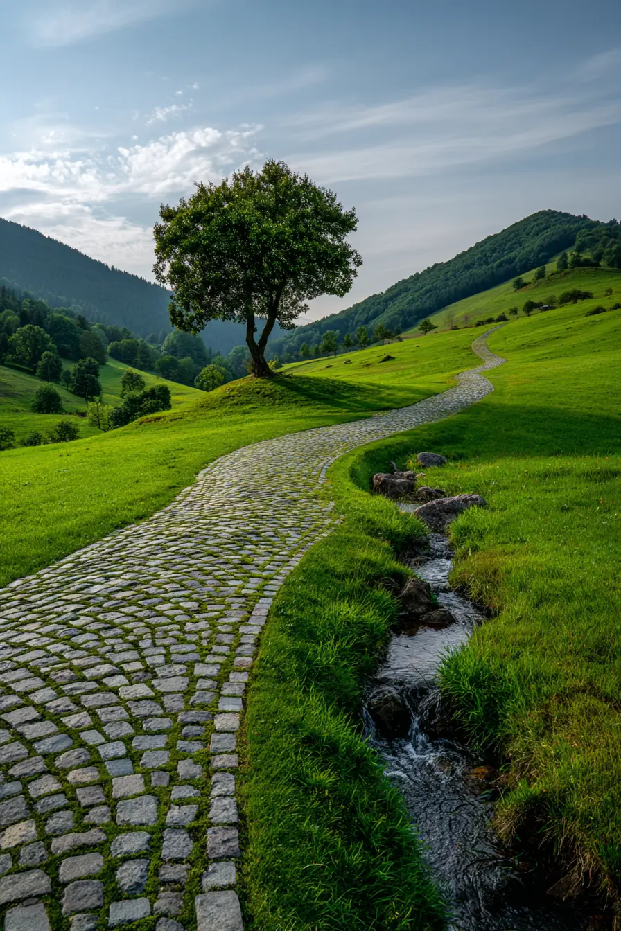 Winding Grassy Path with Cobblestone Charm
