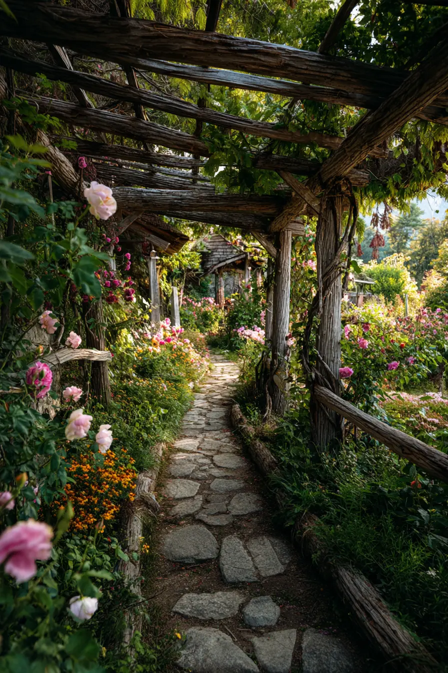 Cottage-Style Border with Roses and Stone Path