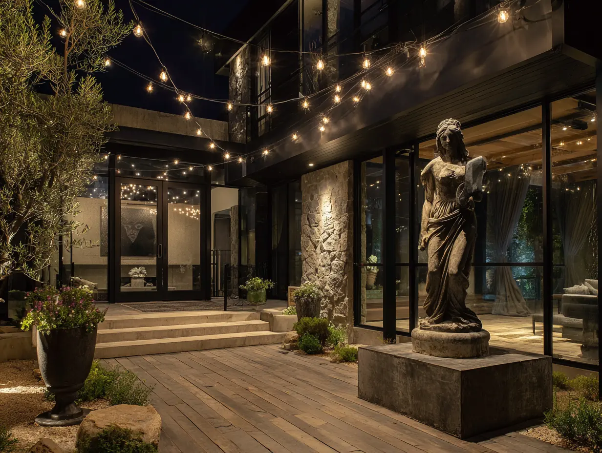 Use String Lights to Highlight Outdoor Sculptures and Art Pieces