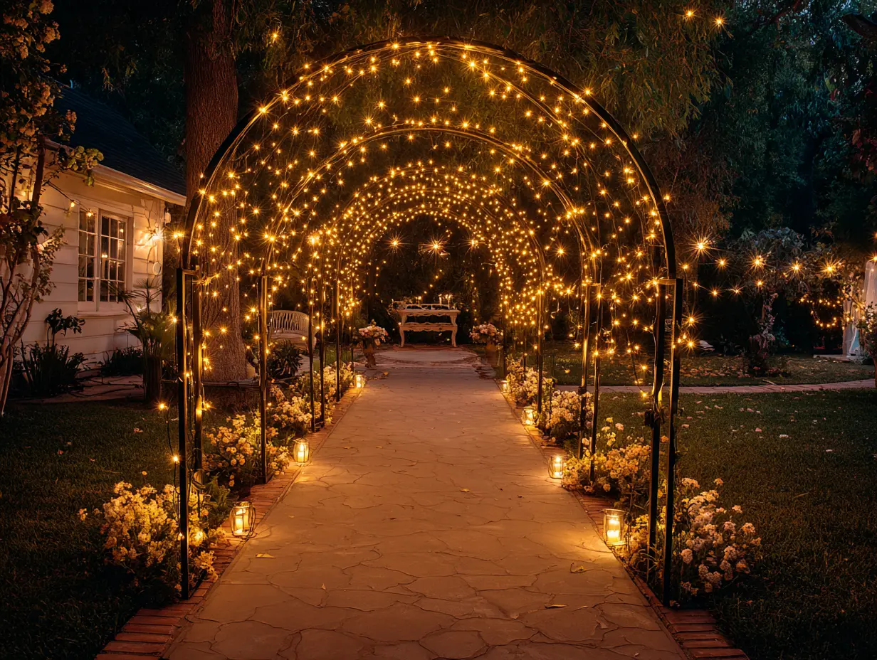 Create a Canopy of String Lights Along a Pathway Using Tall Poles