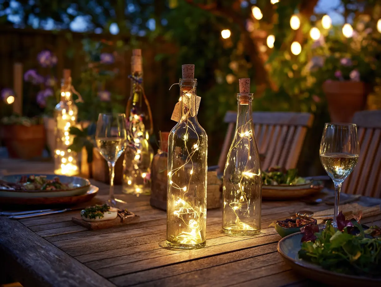 Fill Recycled Wine Bottles With Fairy Lights and Place Them on Outdoor Dining Tables for Soft Glow