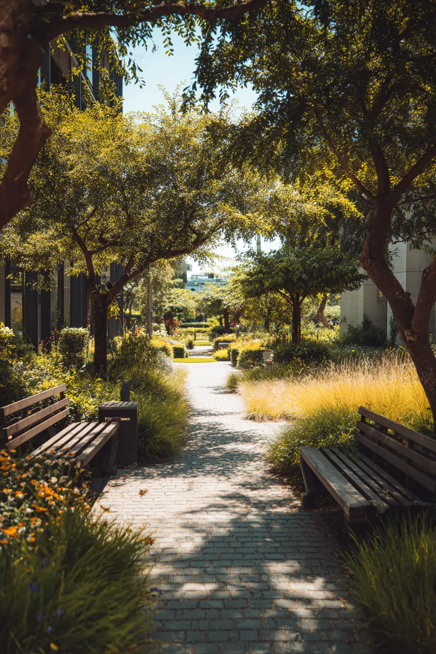 Shaded Park Strip with Benches