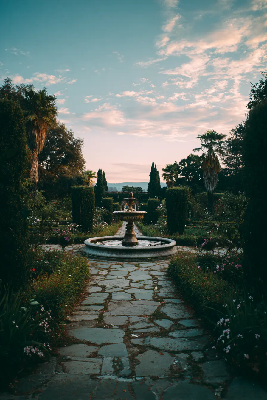 Limestone Walkway Leading to a Timeless Garden Fountain