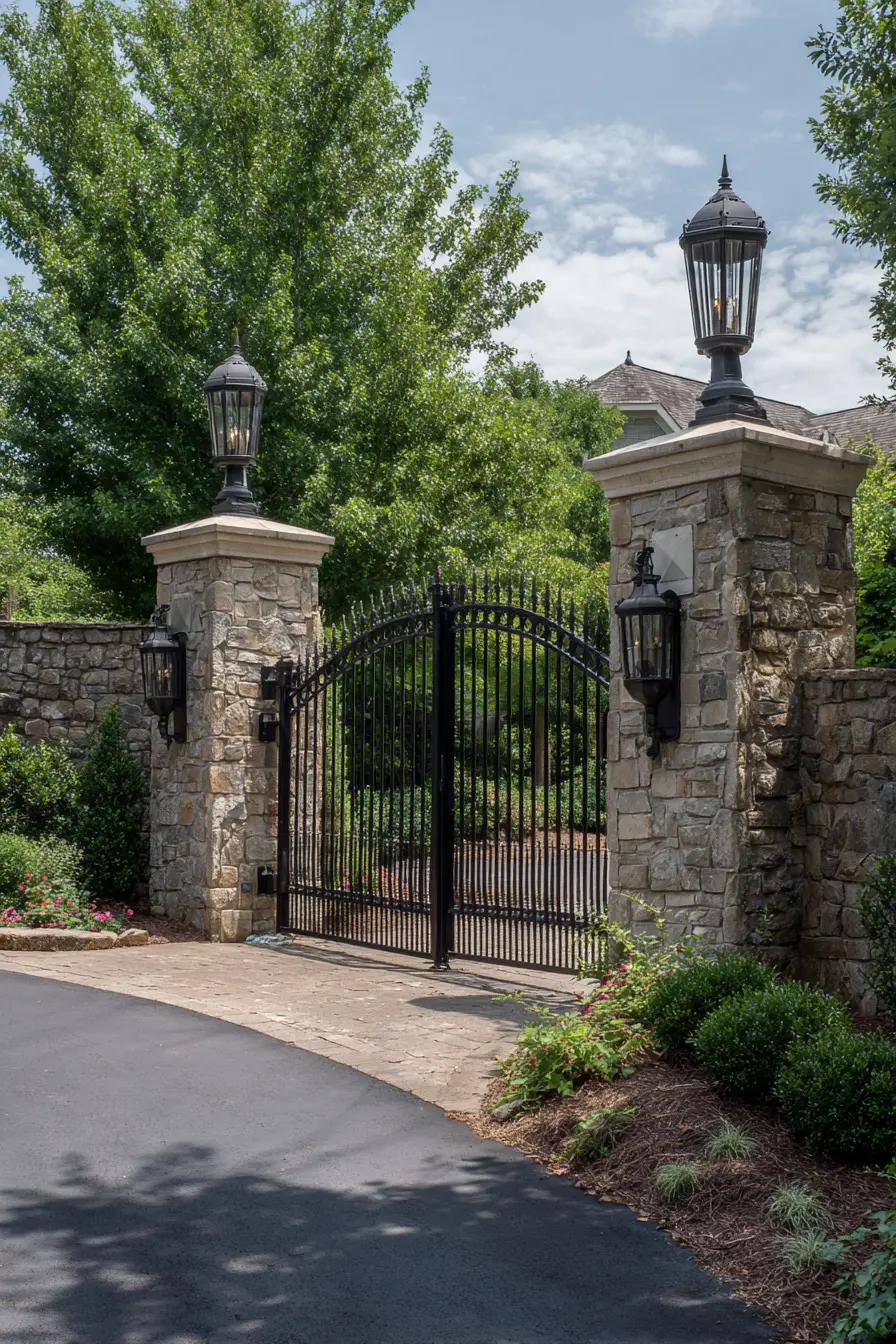 Stately Stone Pillars with Lantern Lighting