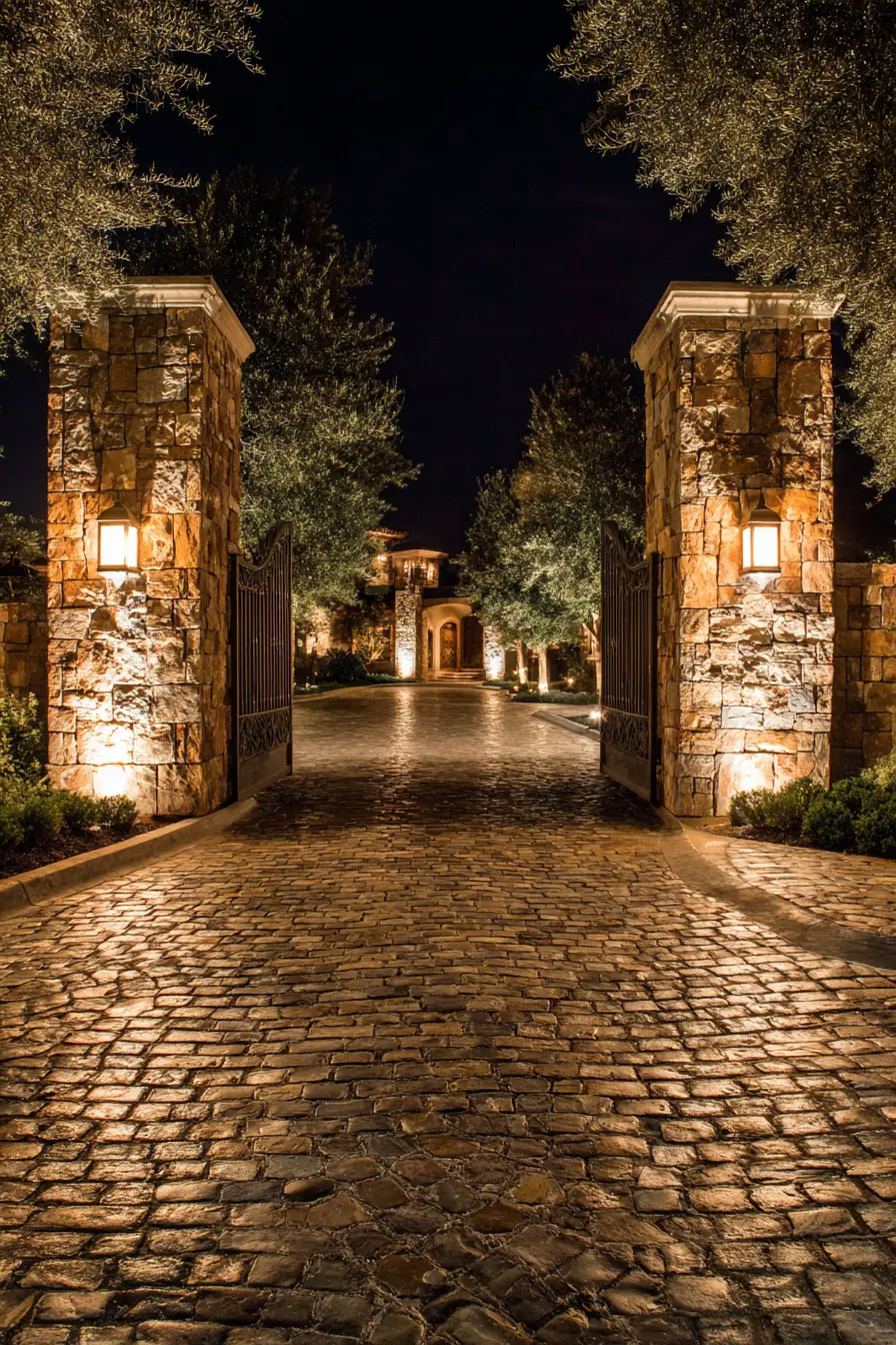 Rustic Stone Pillars with Dramatic Night Lighting
