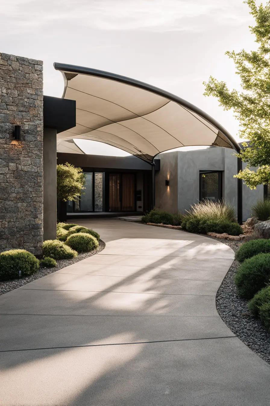 Sculptural Shade Sail Over a Curved Driveway