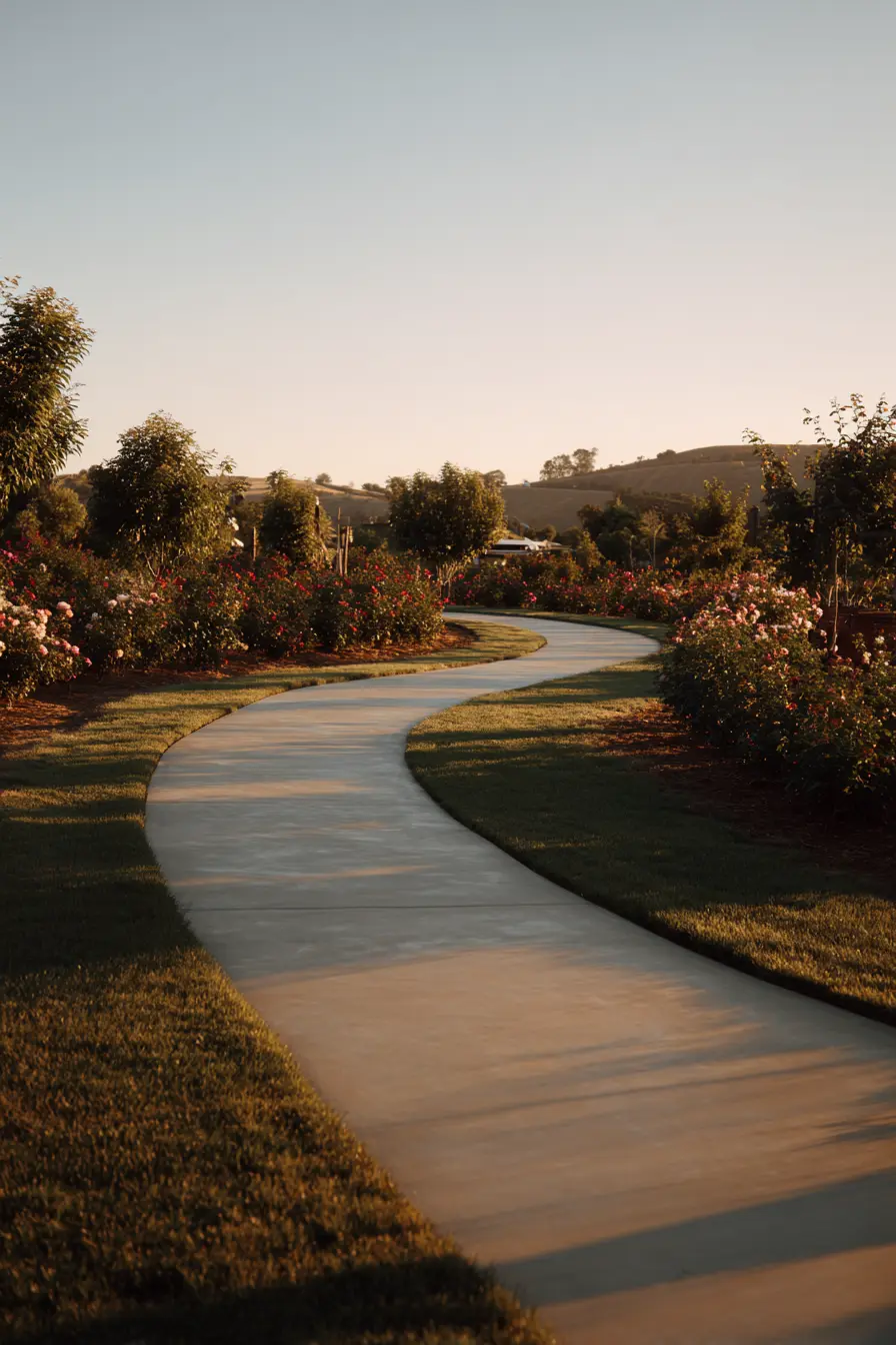 Smooth Curved Cement Walkway through Flower Gardens