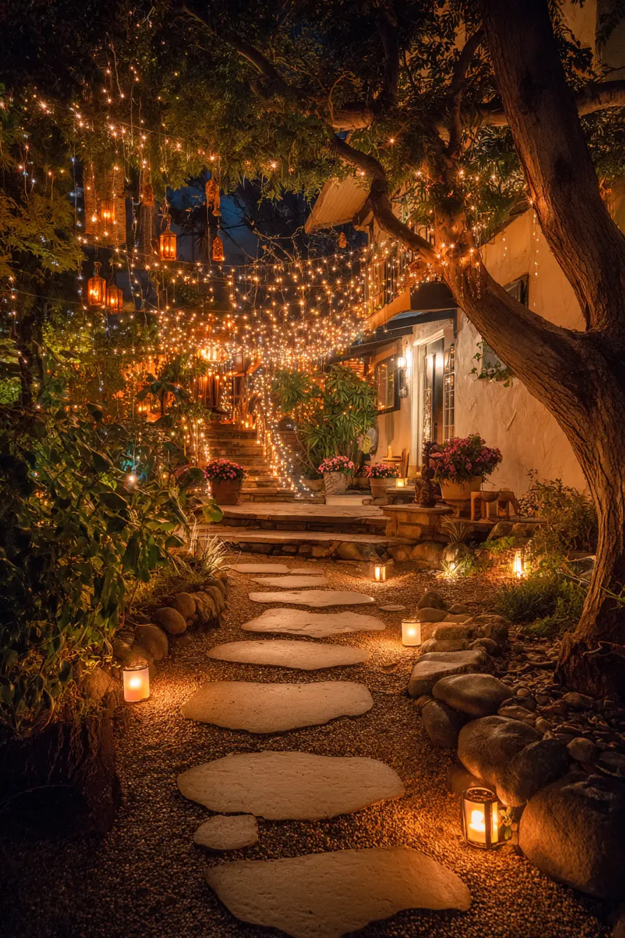 Enchanting Driveway with Fairy Light Canopy