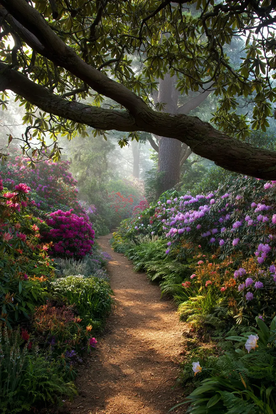 Rustic Wooden Pathway Through a Flowering Garden