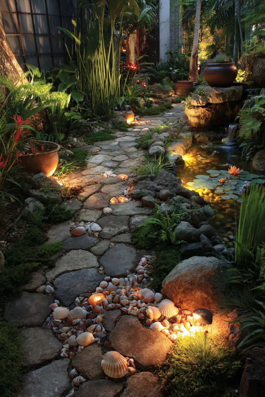 Seashell Accents Between Garden Pavers