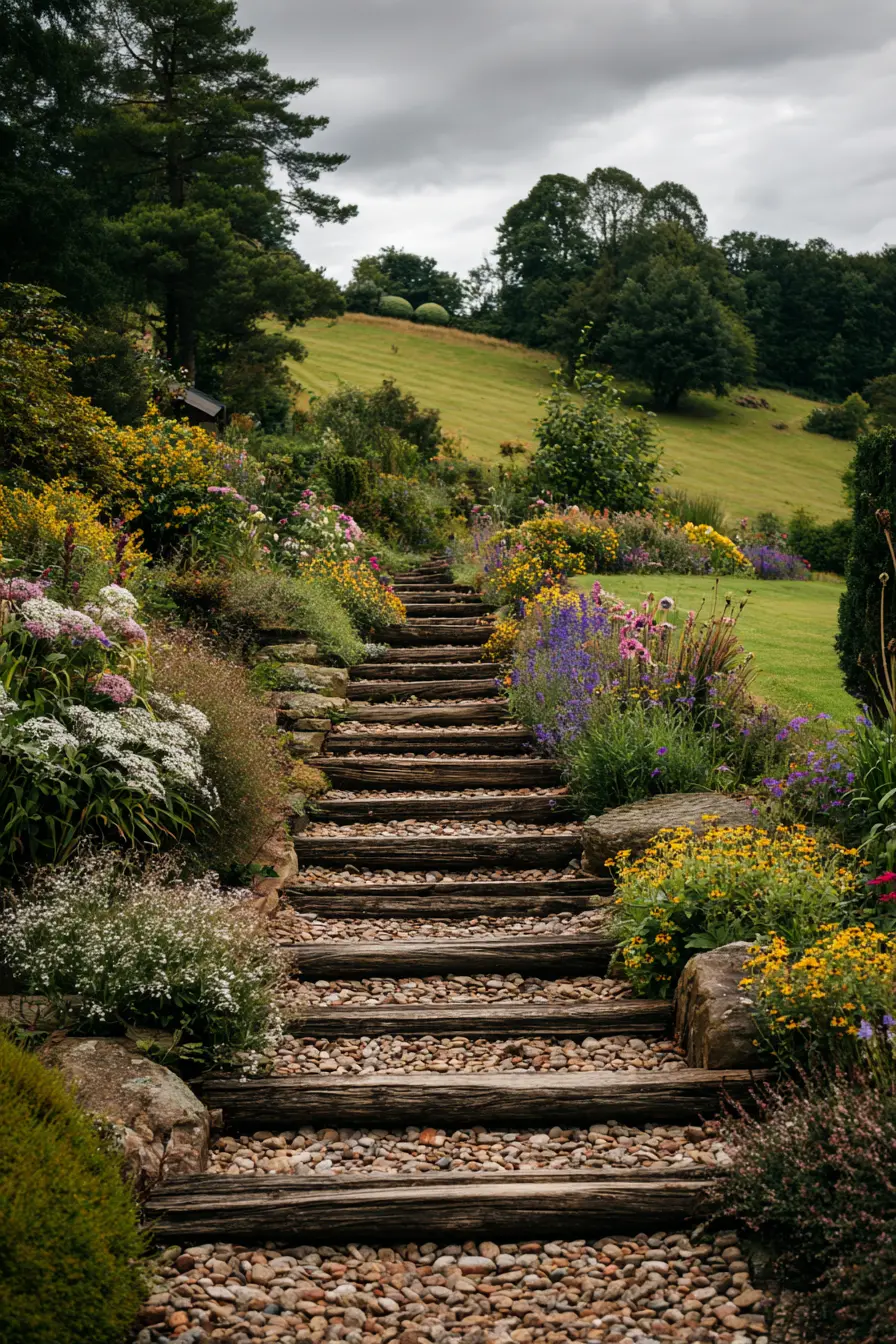 Rustic Timber Steps in a Flower-Filled Hillside