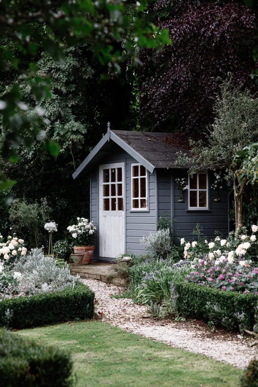 Charcoal Grey Metal Shed with White Trim