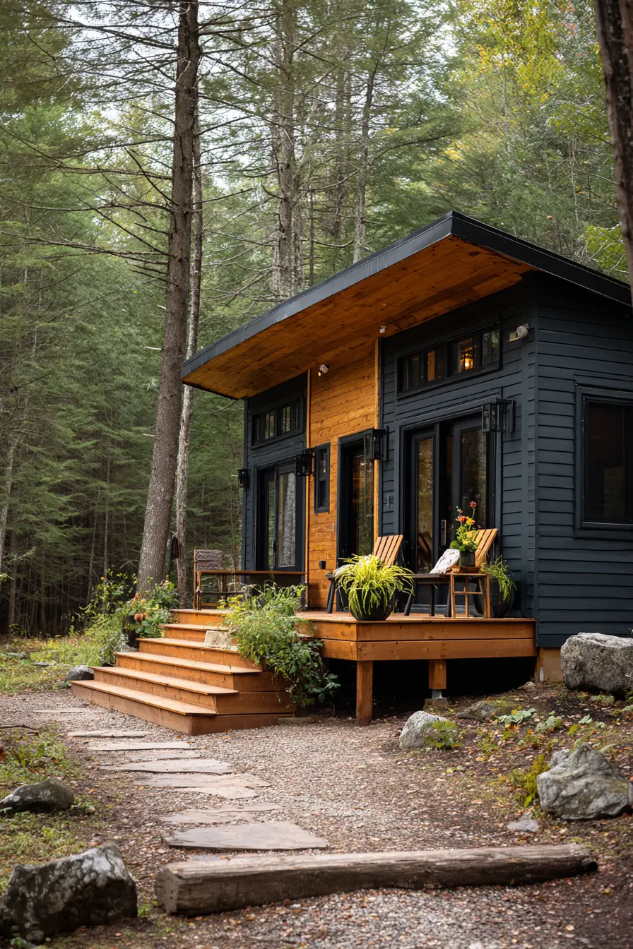 Modern Cabin with Dark Green Exterior and Wood Accents