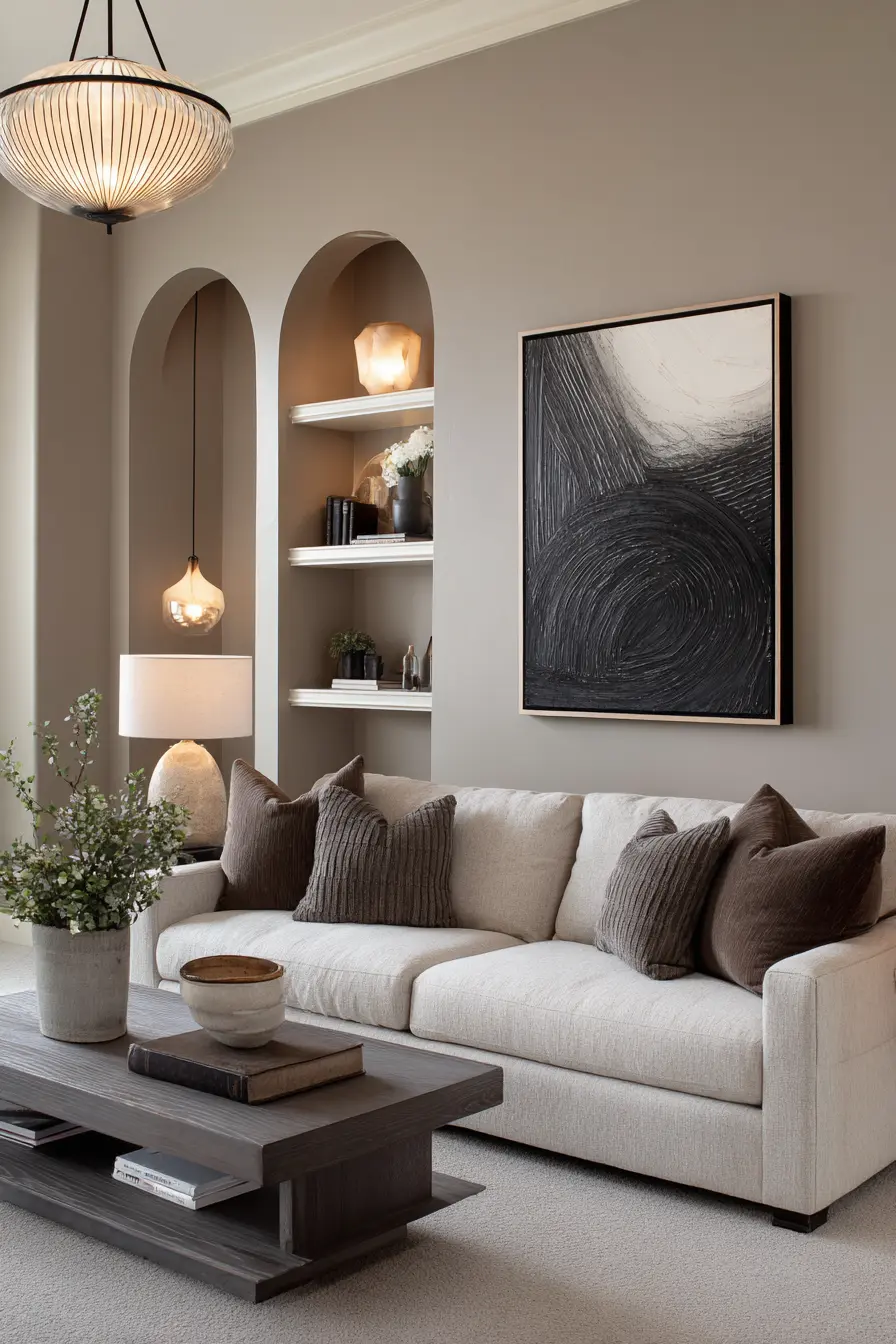 Taupe Sofa with Dark Accents: A Statement of Balance