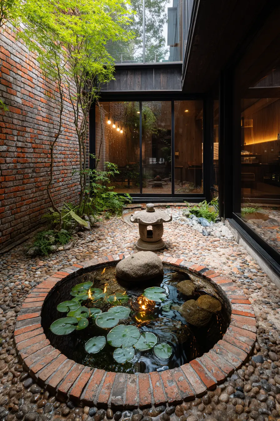 Tranquil Circular Brick Pond with Lily Pads