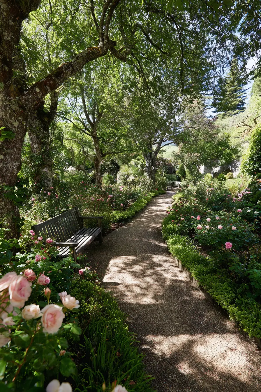Shaded Gravel Pathway with Benches and Roses