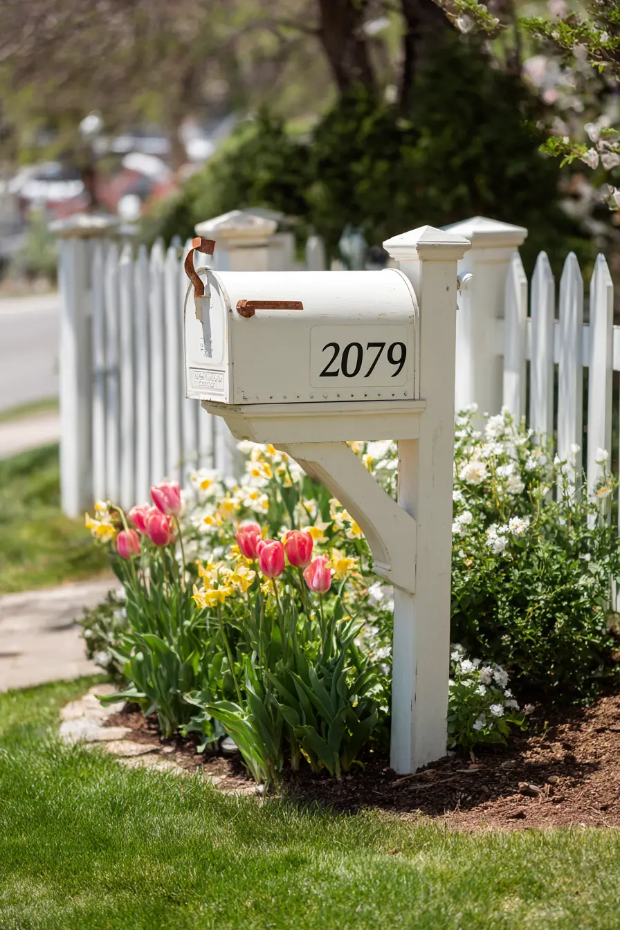White Picket Mailbox with Spring Blooms
