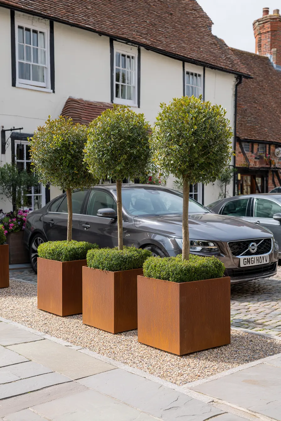 Modern Cube Driveway Planters with Topiary Trees