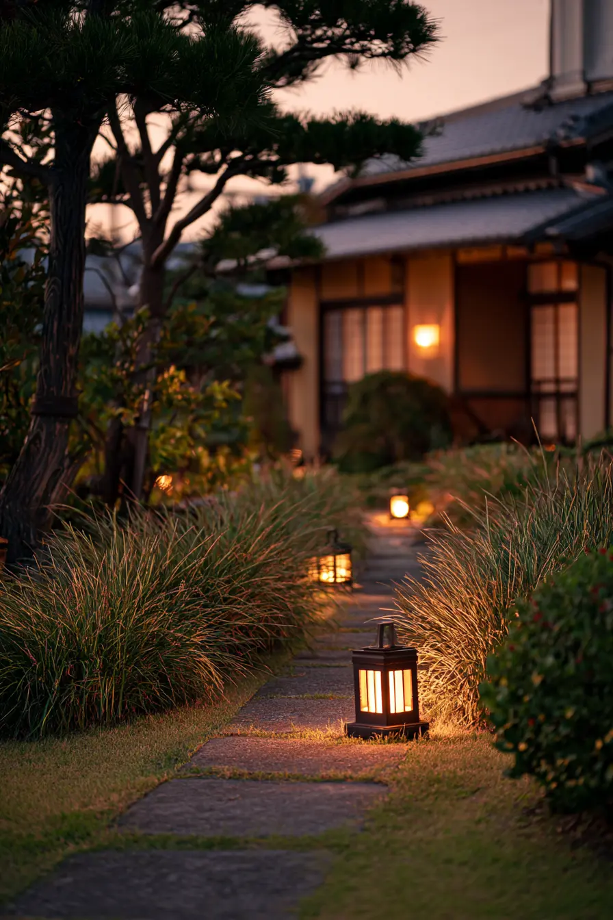 Stone Path with Lantern Accents for a Tranquil Garden Walk