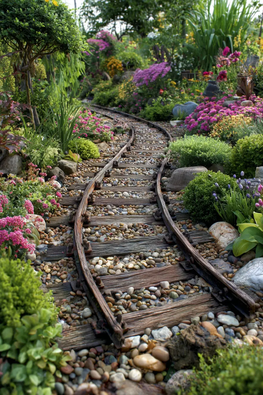 Garden Railroad Tie Walkway with Blooming Borders