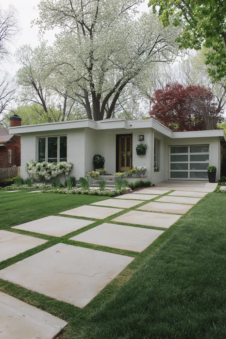 Wide Concrete Pavers with Fresh Green Lawn