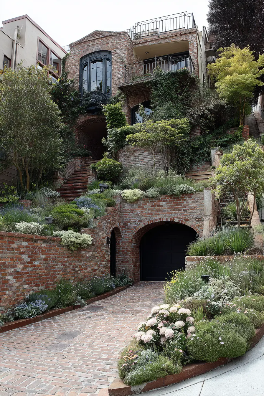 Rustic Driveway with Garden-Embraced Brick Walls
