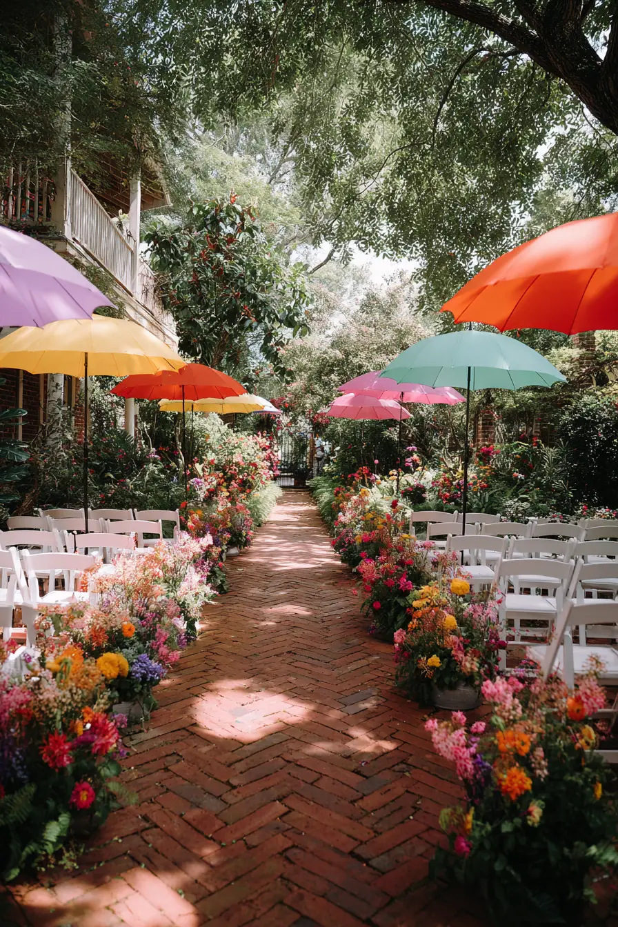 Colorful Garden Walkway with Umbrella Decor