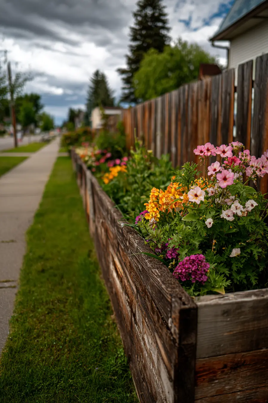 Street-Side Wooden Border with Bright Blooms