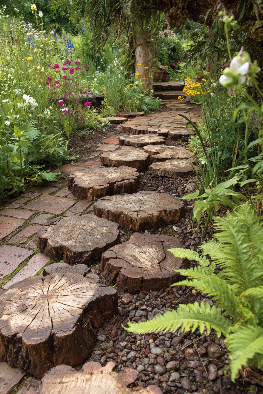 Tree Slice Pathway in a Cottage Garden