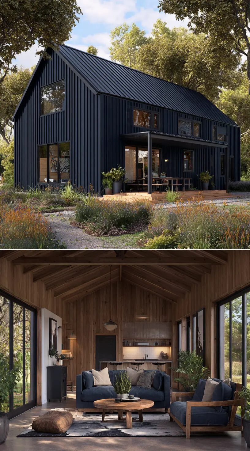 Sleek Black Barn House with Warm Wooden Interior