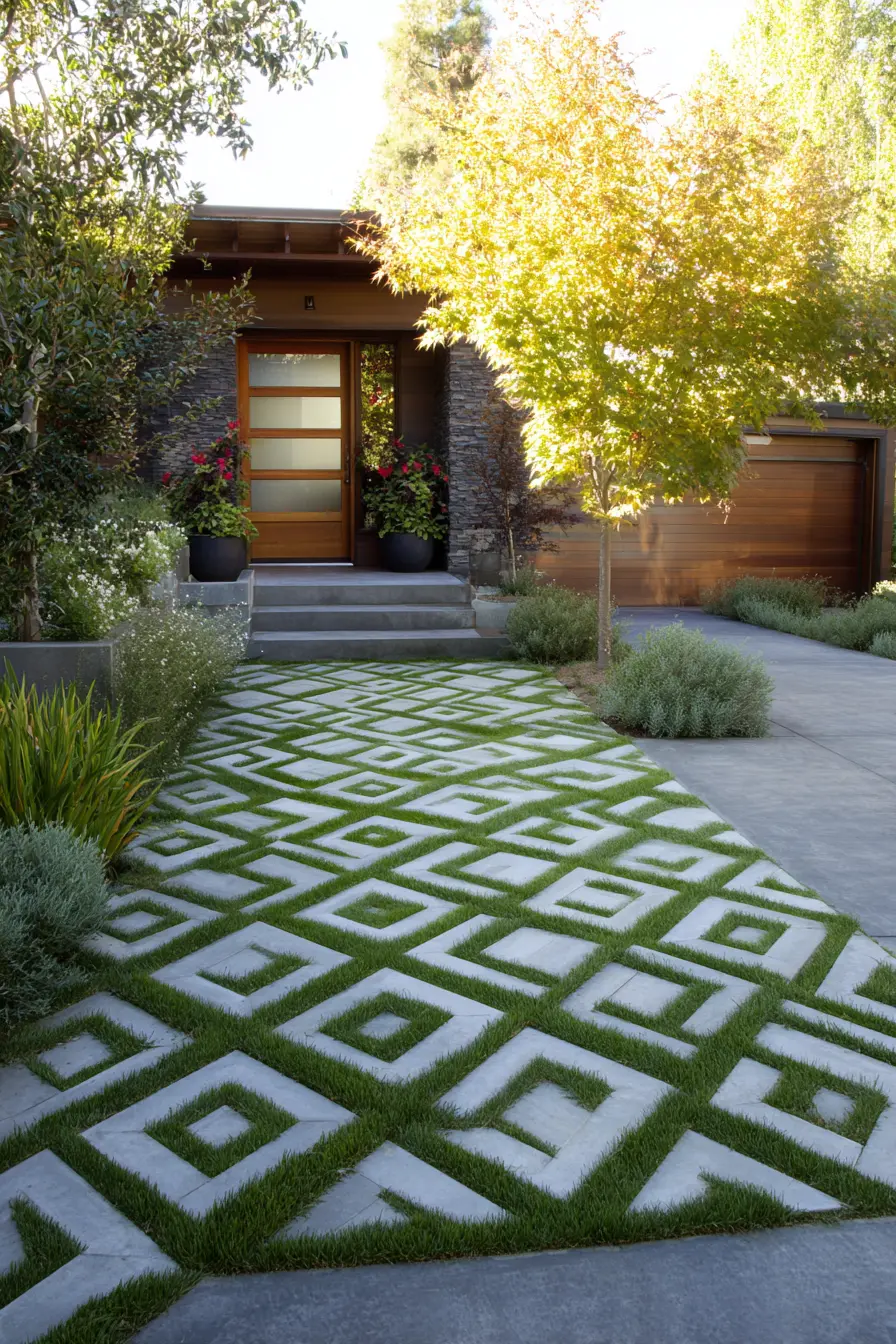 Geometric Grass and Stone Pathway