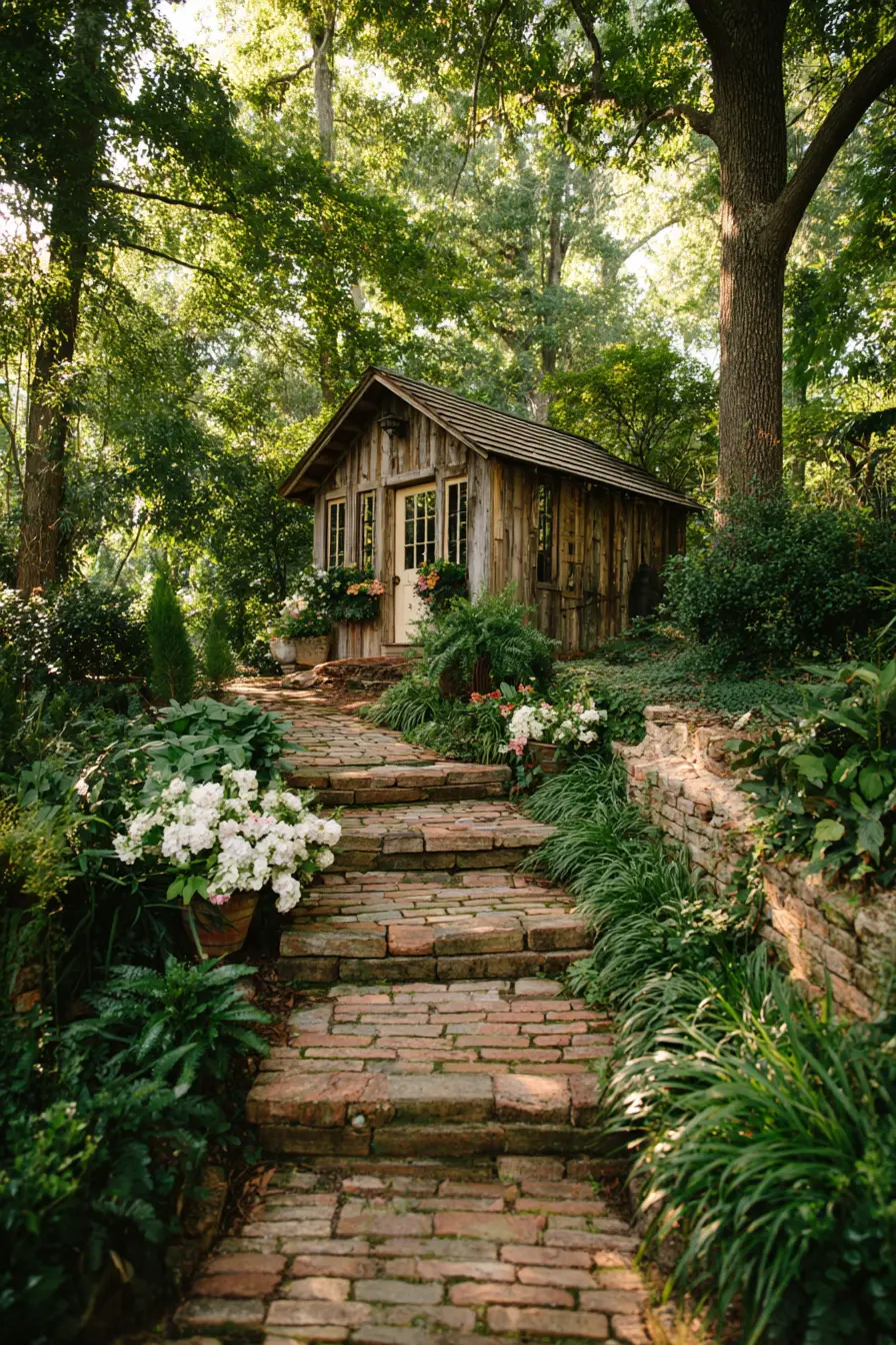 Rustic Brick Walkway to a Woodland Shed