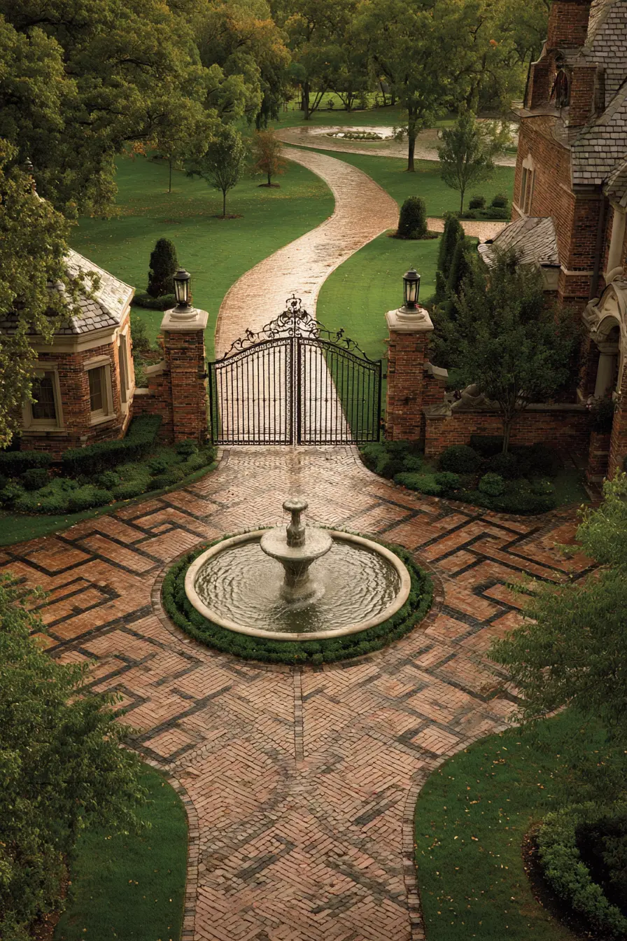 Classic Brick Horseshoe Driveway with Fountain